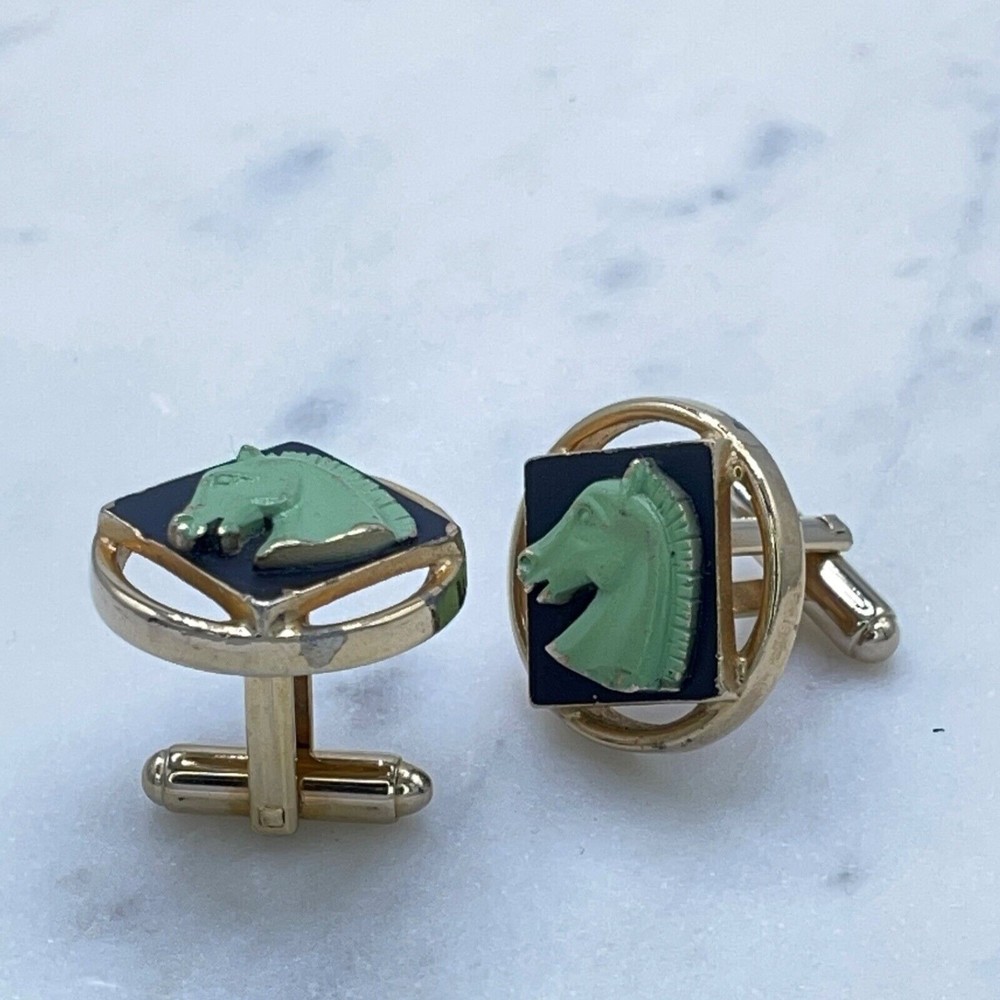 Vintage Men Gold Black Green 3D Horse Head Equestrian Cufflinks + Tie Clasp Clip - Picture 4 of 9
